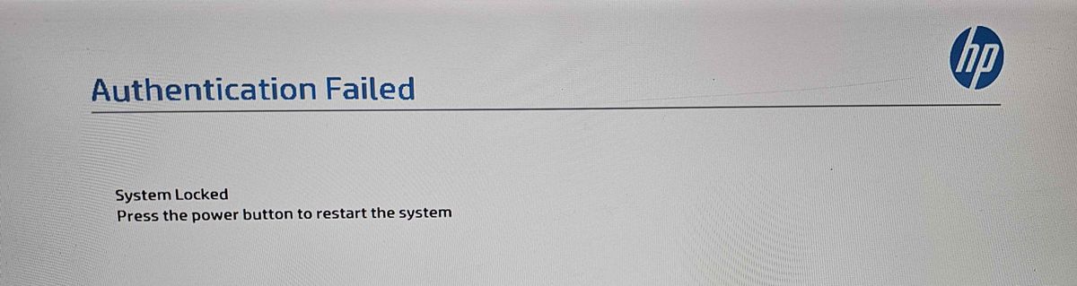 HP BIOS Authentication Failed screen showing System Locked message