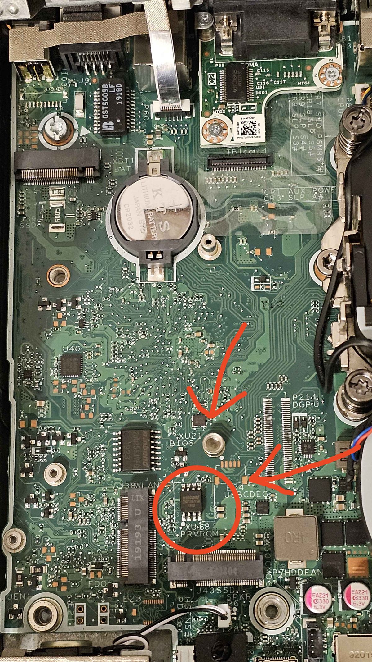 HP EliteDesk 800 G4 Mini motherboard with XU21 BIOS and XU68 PRVROM chip locations visible in the silkscreen